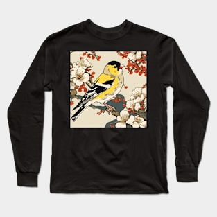 Vintage Goldfinch in Yellow Japanese Blossoms Bird Watching Dad Long Sleeve T-Shirt